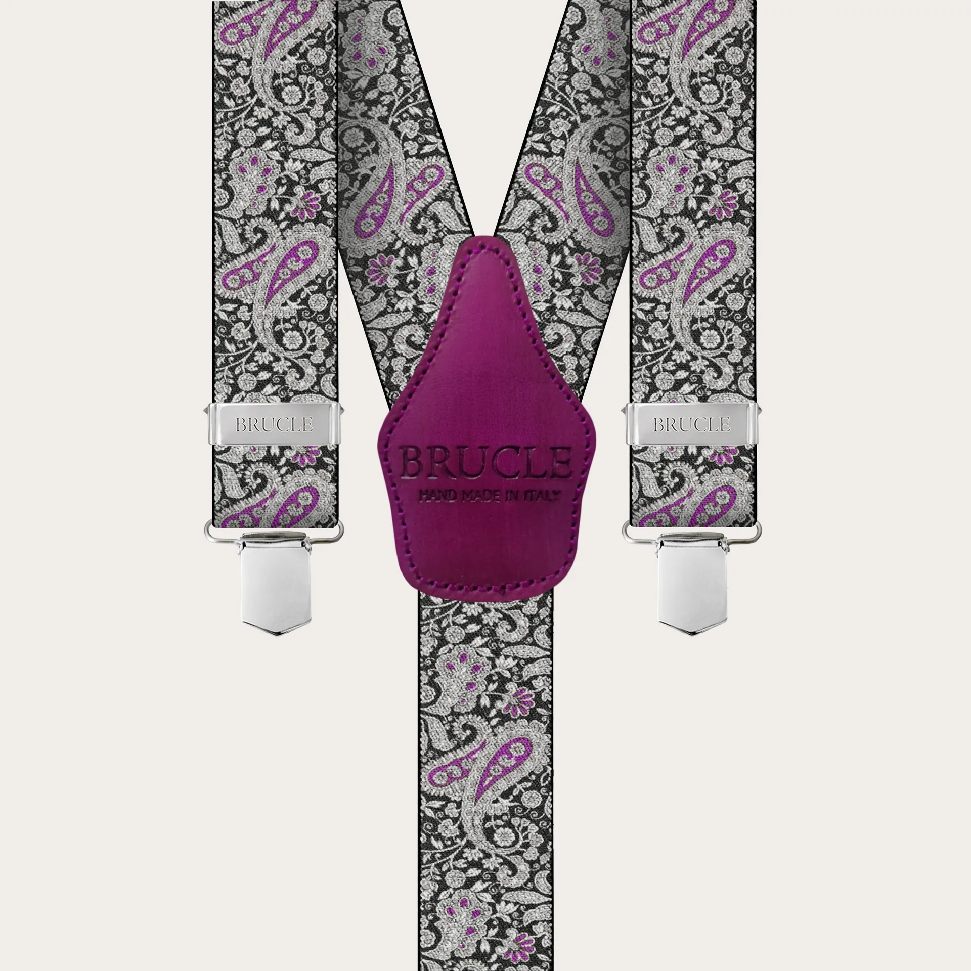 Bretelle con clip in fantasia paisley, nero e viola