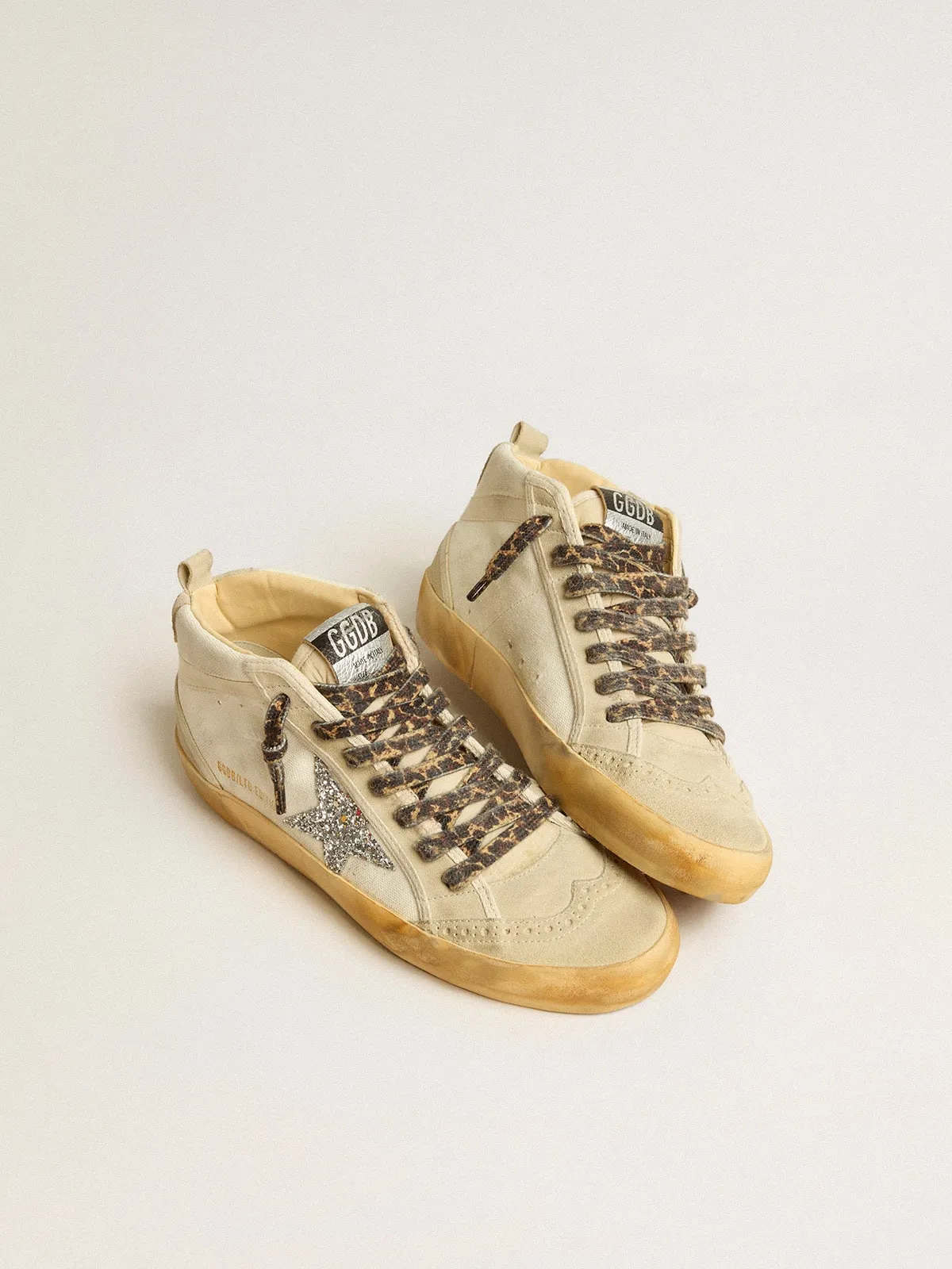 Mid Star Donna in canvas con stella in glitter argento e virgola beige