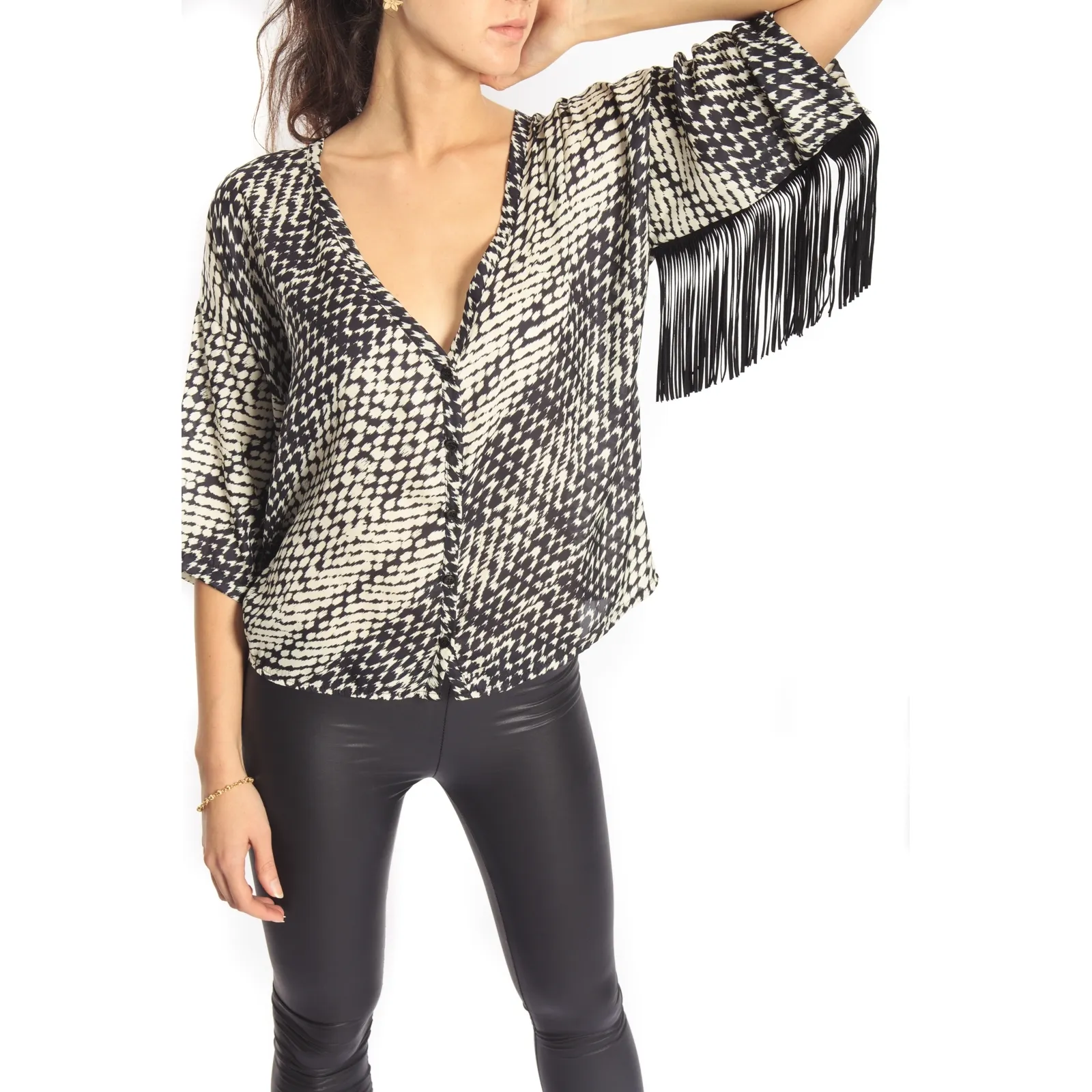 PLEASE shirt/blouse con frange e bottoni PANNA C908HI90 NEW